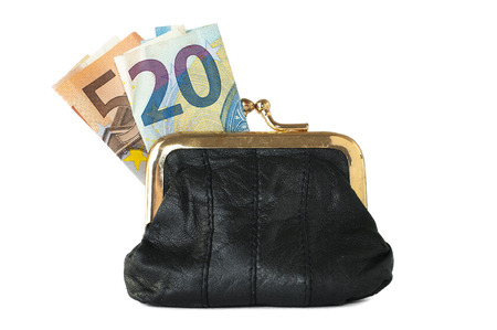 A black leather coin purse with euro banknotes insideの写真素材