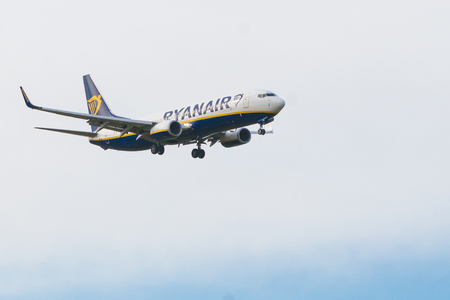 PISA, ITALY - JANUARY 15, 2017 - A Ryanair Boeing 737-600 lands at Pisa Airport (Galileo Galilei)のeditorial素材