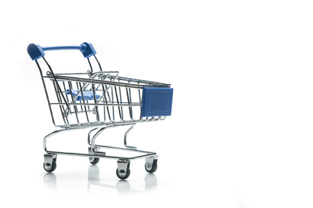 Shopping cart with blue details isolated on white background with copy spaceの写真素材