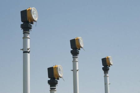 Four runway lights on blue backgroundの写真素材