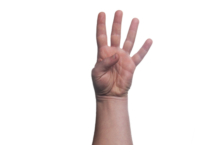 Hand mimic number five isolated on white backgroundの写真素材