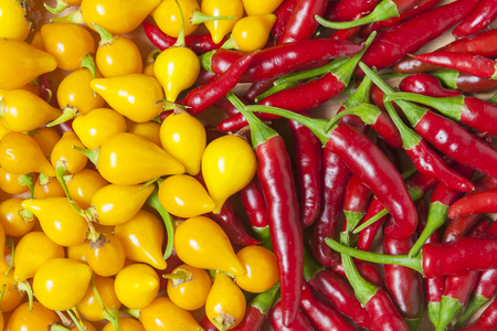 Ripe red and yellow chili peppers on wooden tableの写真素材