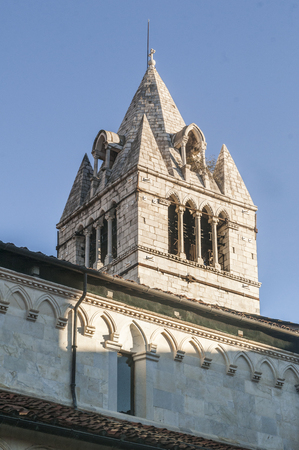 Duomo of Carrara, Toscana, Italy, vertical shot with tower detail.の写真素材