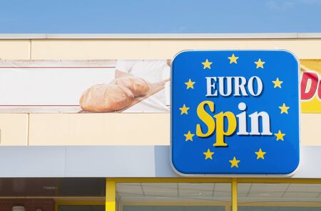 LA SPEZIA, ITALY - JUNE 24, 2019: The entrance to a Eurospin supermarket. Eurospin is a large retail brand in Italy and Sloveniaのeditorial素材