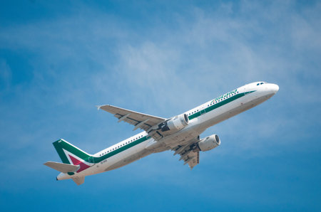Rome, Italy - July 12, 2013 - Alitalia Airbus a321 take off from Fiumicino airport in Rome