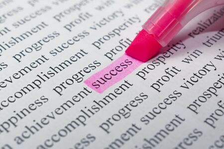 Motivational concept: person highlight the word success between many other words with a pink highlighterの写真素材