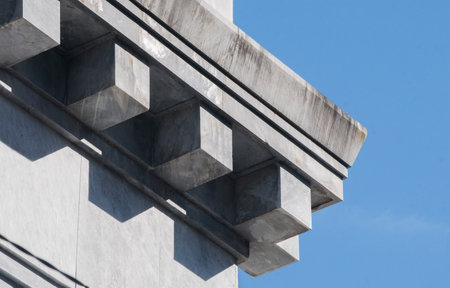 Detail of the cornice of a building from the Fascist period, entirely made of Italian marbleの写真素材