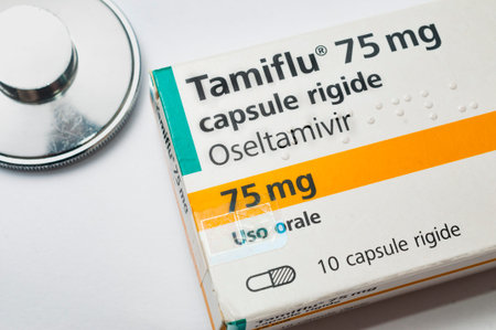 Carrara, Italy - March 23, 2020 - Close-up of pack of Tamiflu (oseltamivir), a drug used in some...