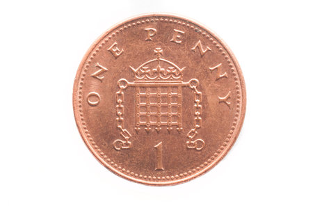 Tail of a 1 penny english coin on white background