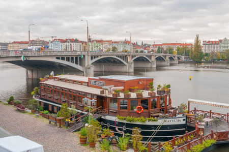 Prague, Czech Republic - October 22, 2014 - The floating hotel and restaurant "Botel Matylda" on the Vlatva river in Prague downtownのeditorial素材