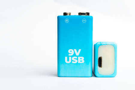 9v usb rechargeable battery on white backgroundの写真素材