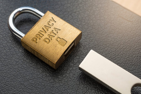 Privacy data protection concept, a lock over a leather notes and a usb pen drive with the text:...