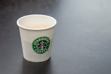 London, UK - May 18, 2022 - Starbucks espresso in paper cupのeditorial素材