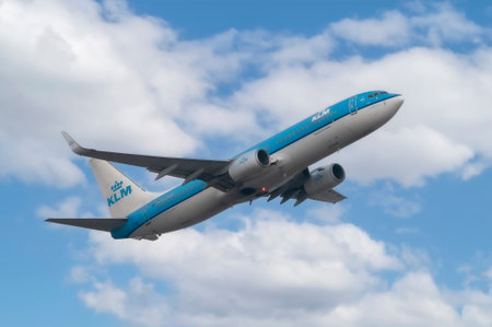 Rome, Italy - July 28, 2022 - KLM airplane take off from Rome Fiumicino airportのeditorial素材