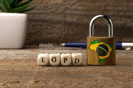 LGPD (brazilian data protection law) concept: lock with brazil flag and some die with the acronym of the Brazilian data protection law (Lei Geral de ProteÃ§Ã£o de Dados Pessoais)の写真素材