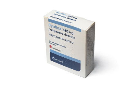Carrara, Italy - November 19, 2022 - Pack of Synflex naproxen sodium on a white background