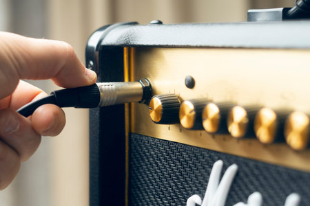Man plug a jack into a guitar amplifier, shallow depth of field