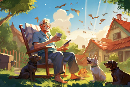 Elderly people with a dog and grandson on a summer day.の素材