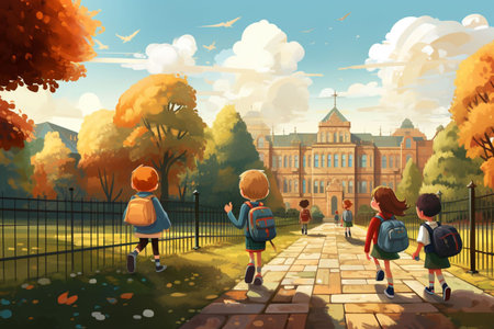 Back view of children walking in the autumn city park with school building on backgroundの素材