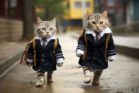 group of cat in school uniform with tie and bow tie, outdoorsの素材