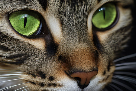 Closeup portrait of a tabby cat with green eyes on a black backgroundの素材