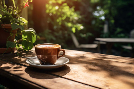Coffee cup on wooden table in coffee shop, stock photoの素材