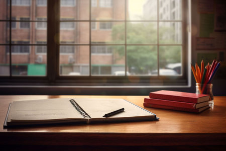 Notebook and pencils on wooden table with window background, education conceptの素材