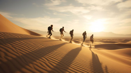Group of people walking on sand dunes. Sandboarding.の素材