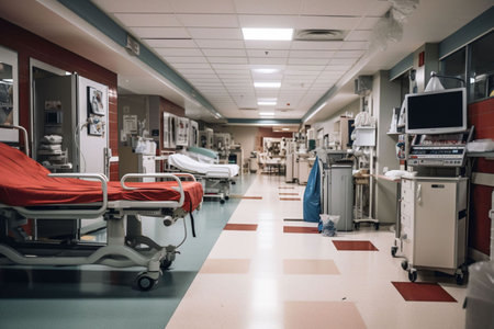 Interior of a hospital corridor with empty beds and emergency medical equipmentの素材
