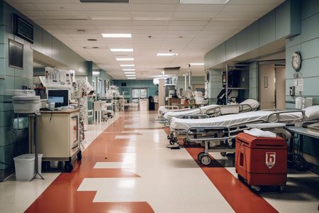Interior of a hospital corridor with empty beds and emergency medical equipmentの素材