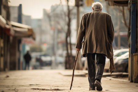 Old man with crutches walking on the street in the cityの素材