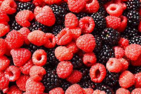 background of fresh raspberries and blackberries. close-upの写真素材