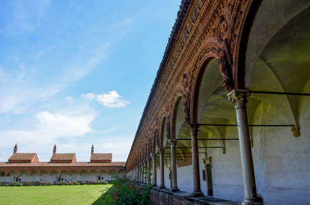 PAVIA, ITALY - JUNE 12, 2016 - The cloister of the chartreuse of Pavia on june 12, 2016. The chartreuse is an important example of renaissance religious architectureのeditorial素材