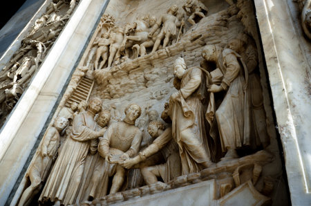PAVIA, ITALY - JUNE 12, 2016 - Sculpture on the chartreuse of Pavia on june 12, 2016. The chartreuse...