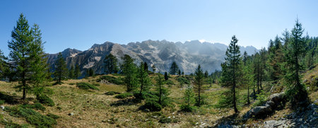 Mountain peaks panorama in Maritime Alps Park in Italy, valley of river Sturaの写真素材