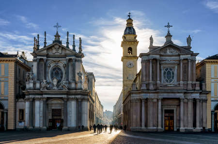 Piazza San Carlo, one of the main squares of Turin (Italy) with its twin churchesの写真素材