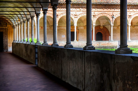 PAVIA, ITALY - JUNE 12, 2016 - The cloister of the chartreuse of Pavia on june 12, 2016. The chartreuse is an important example of renaissance religious architectureのeditorial素材