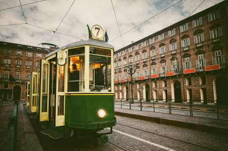 Historical tram stops in Piazza Castello, main square of Turin (Italy)の写真素材
