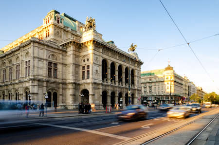 VIENNA, AUSTRIA - MAY 17, 2017: Wiener Staatsoper (State Opera House) on the Ring Strasse (Vienna, Austria), with moving cars on may 17, 2017のeditorial素材