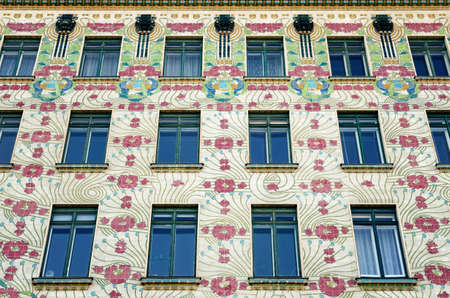 The Majolica House (Majolikahaus) with its floral ornamentation near Naschmarkt in Vienna (Austria); famous example of Jugendstil (art nouveau) buildt by Otto Wagner il 1899のeditorial素材