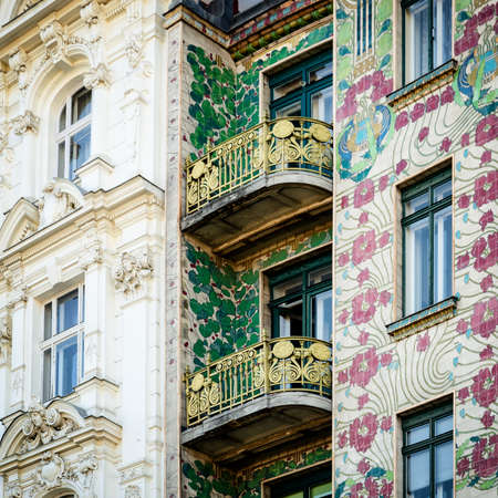 The Majolica House (Majolikahaus) with its floral ornamentation near Naschmarkt in Vienna (Austria); famous example of Jugendstil (art nouveau) buildt by Otto Wagner il 1899のeditorial素材