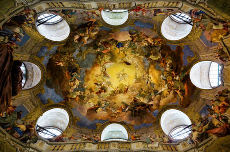 VIENNA, AUSTRIA - MAY 20, 2017: Main hall of the historical Austrian National Library in Vienna (Austria) on may 20, 2017. Detail of the fresco on the ceilingのeditorial素材