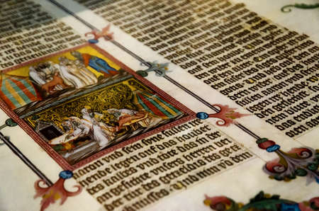 VIENNA, AUSTRIA - MAY 20, 2017: Ancient tome with miniature in Austrian National Library, Vienna, on may 20, 2017のeditorial素材