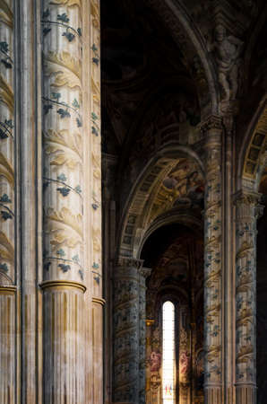 Cathedral of Asti, Italy. detail of the main nave with painted columnsのeditorial素材