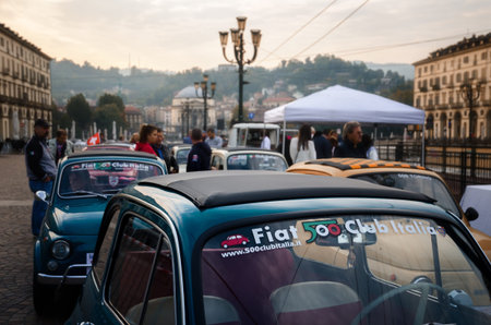 TURIN, ITALY - SEPTEMBER 24, 2017 - Old Fiat 500 classic car rally in Vittorio Veneto Square, Turin...