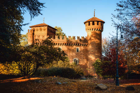 Turin (Piedmont, Italy), the famous Borgo Medievale, neo-gothic castle in the Valentino public park during autumnのeditorial素材