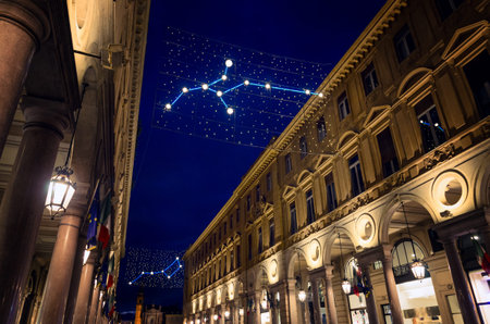 Via Roma, main shopping street of Turin (Piedmont, Italy) illuminated at nightの写真素材