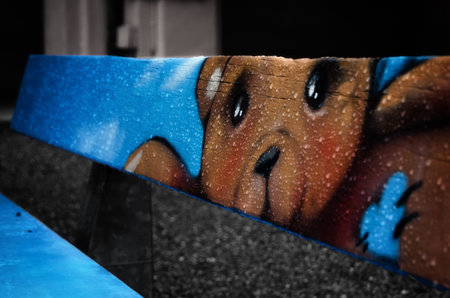 ALBA, ITALY - MAY 1, 2017 - Painted blue bench, symbol against violence over children, found in Alba, Italy, on may 1, 2017のeditorial素材