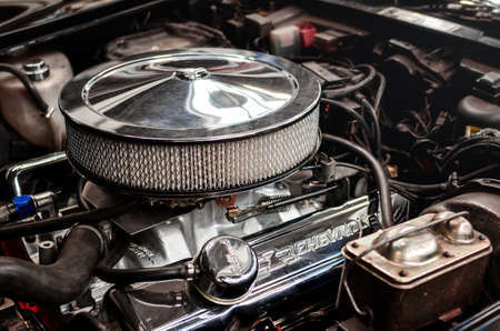 TURIN, ITALY - MARCH 25, 2018: engine detail of a 1980 Chevrolet Corvette L-82 on a classic american car exhibition in Turin (Italy) on march 25, 2018のeditorial素材