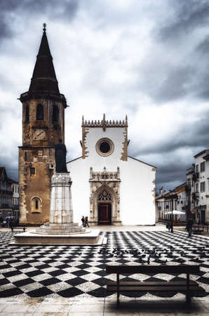 The famous Church of Sao Joao Baptista in Praca da Republica, main square of Tomar, Portugal, anciant town build by the templar knight orderのeditorial素材